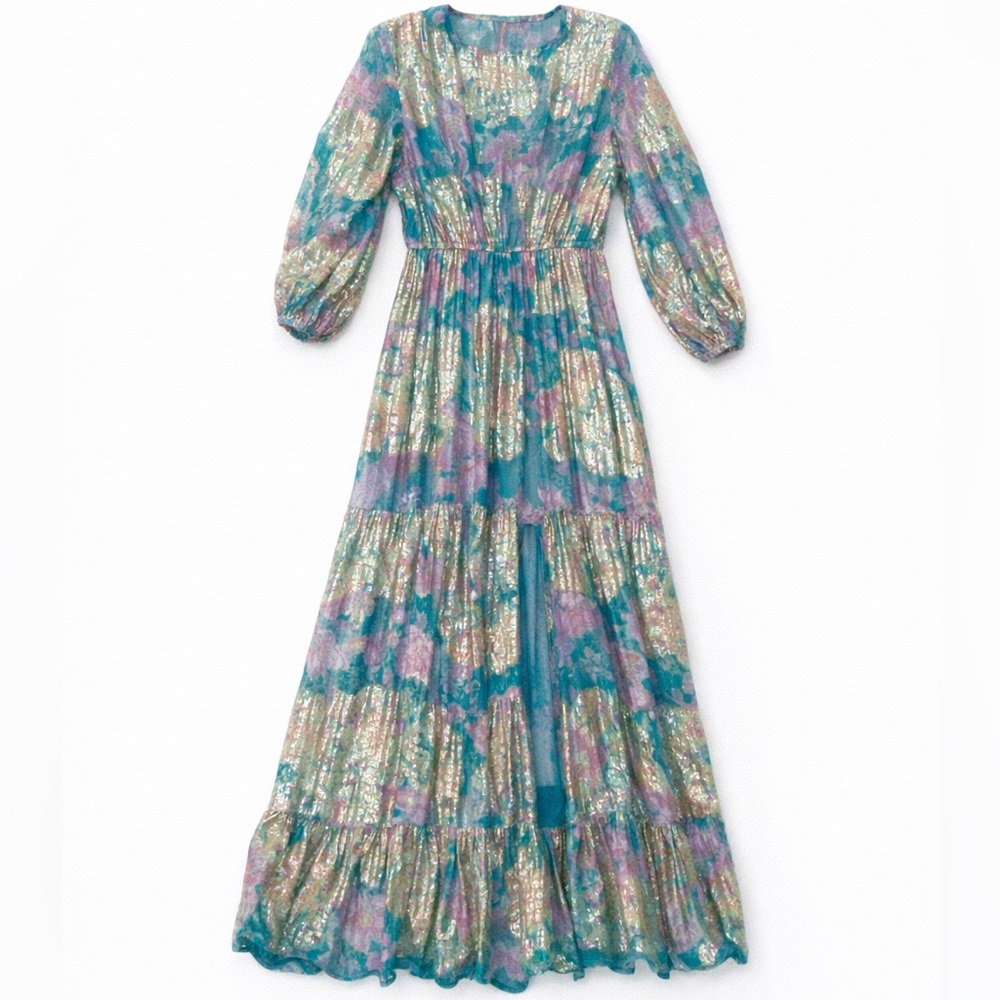 💕sold💕HEMANT & NANDITA Turquoise Pink Long Sleeve Dress Boho Kentucky Derby Maxi - Picture 3 of 4